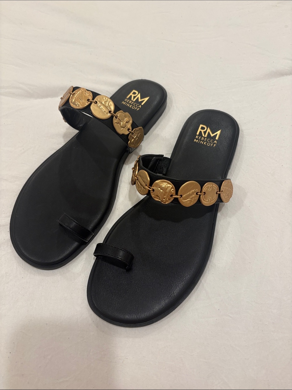 Rebecca Minkoff Black Sandals with Gold Coin Accents